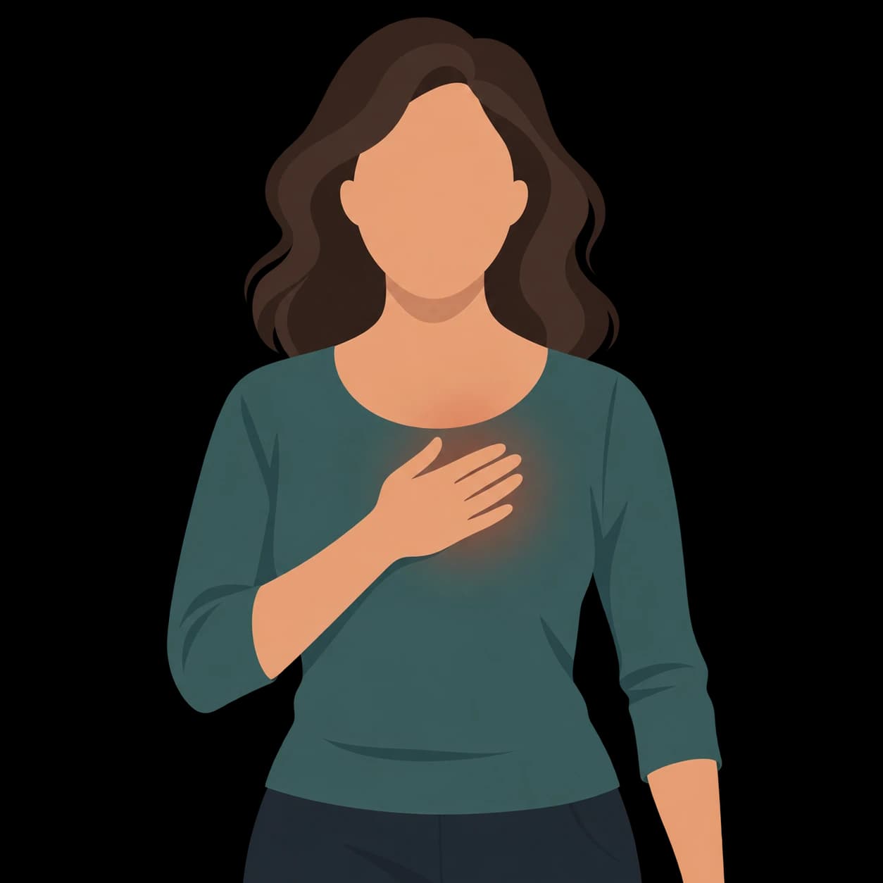 A person with a featureless face resting one hand over their chest.